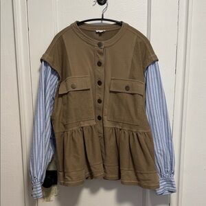 Brown Button-Up Vest with Striped Sleeves